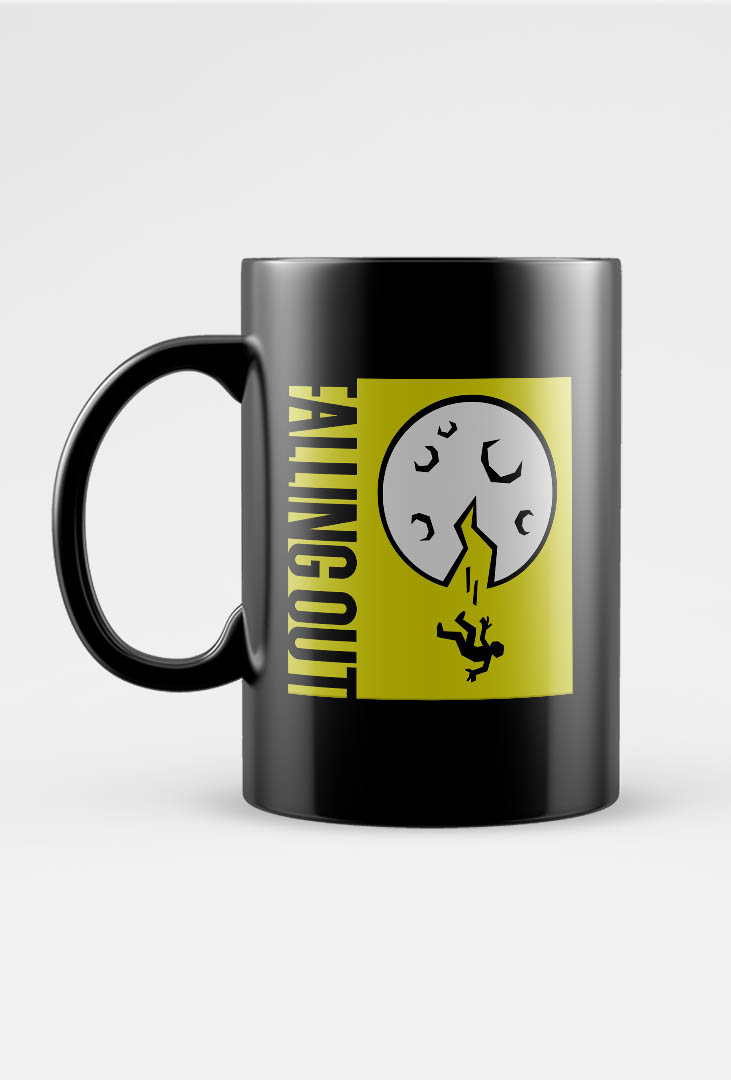 Black mug with yellow, black, white falling out logo