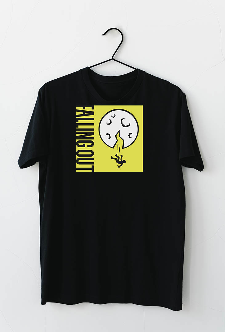 Black t-shirt with yellow, black, and white falling out logo on front